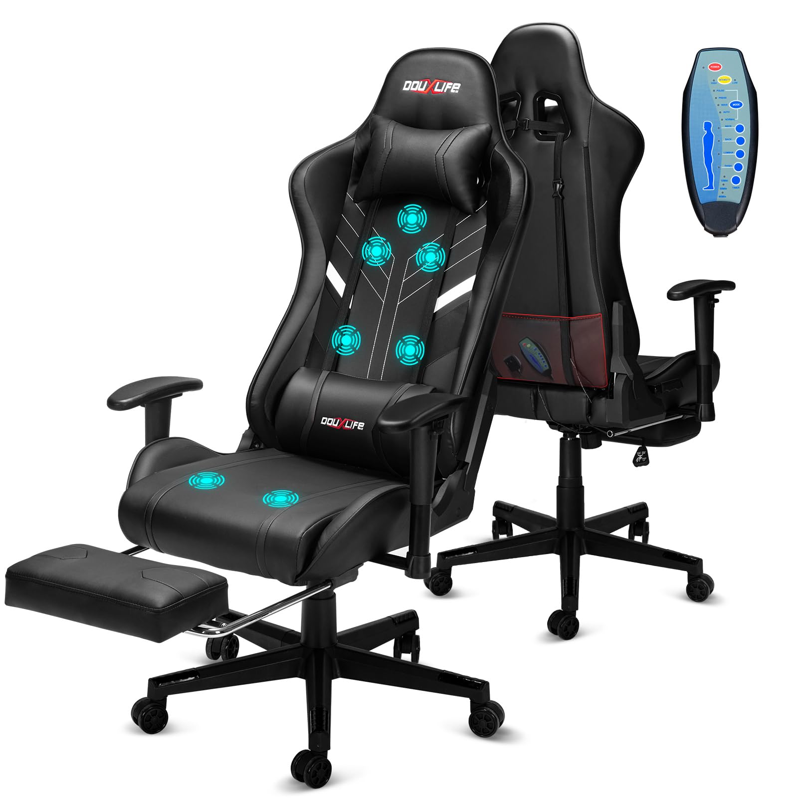 Douxlife Silla Gaming con Masaje de 7 Puntos, Silla de Oficina Ergonómica, Respaldo Ajustable 90-175°, Pasamanos 2D Ajustables, Capacidad de Carga 150-180 Kg, Negro Oscuro