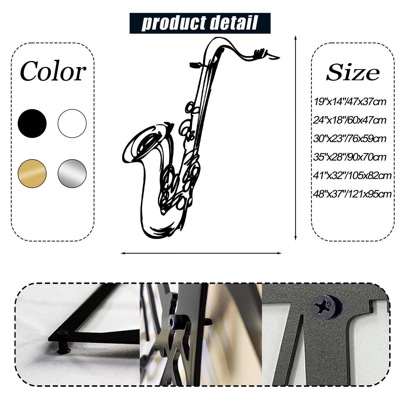 Decorazione da Parete Sassofono in Metallo Bianco 90 X 70 Cm Arte Murale Jazz Musica Strumento Astratto Decorazione Studio Bar Soggiorno Regalo Musicista White 19L x 14W