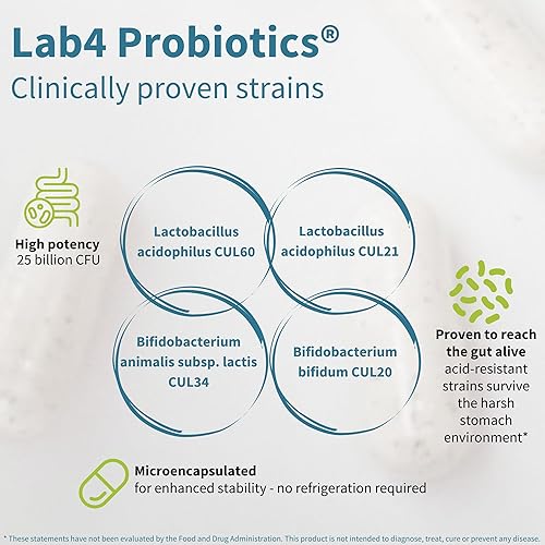 Miniatura 3 de Probióticos Live Cultures+ Lab4, Lactobacillus Acidophilus y Bifidobacterium, garantizados 25 mil millones de CFU, además de prebiótico no hinchable