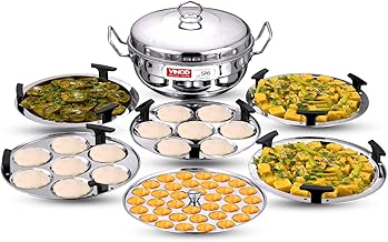 Vinod Stainless Steel Deluxe Multi Kadai with 6 Plates - 26cm, 2 Idli, 2 Dhokla,1 Patra and 1 Mini Idli Plate | Dhokla and Momos Steamer, Maker,Induction Friendly