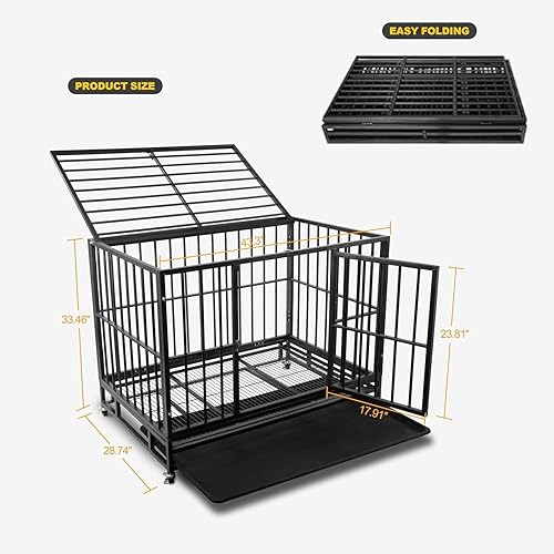 Miniatura 2 de Elevon Jaula resistente para perros de 42 pulgadas, a prueba de escape, jaula de doble puerta para perros grandes, perrera resistente para perros de