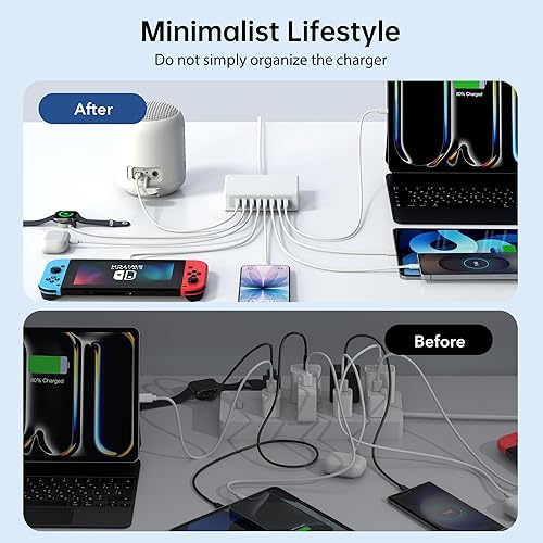 Miniatura 6 de Bloque de cargador USB, estación de carga USB de 100 W, 8 puertos para múltiples dispositivos, QC 18 W, adaptador de regleta de alimentación de