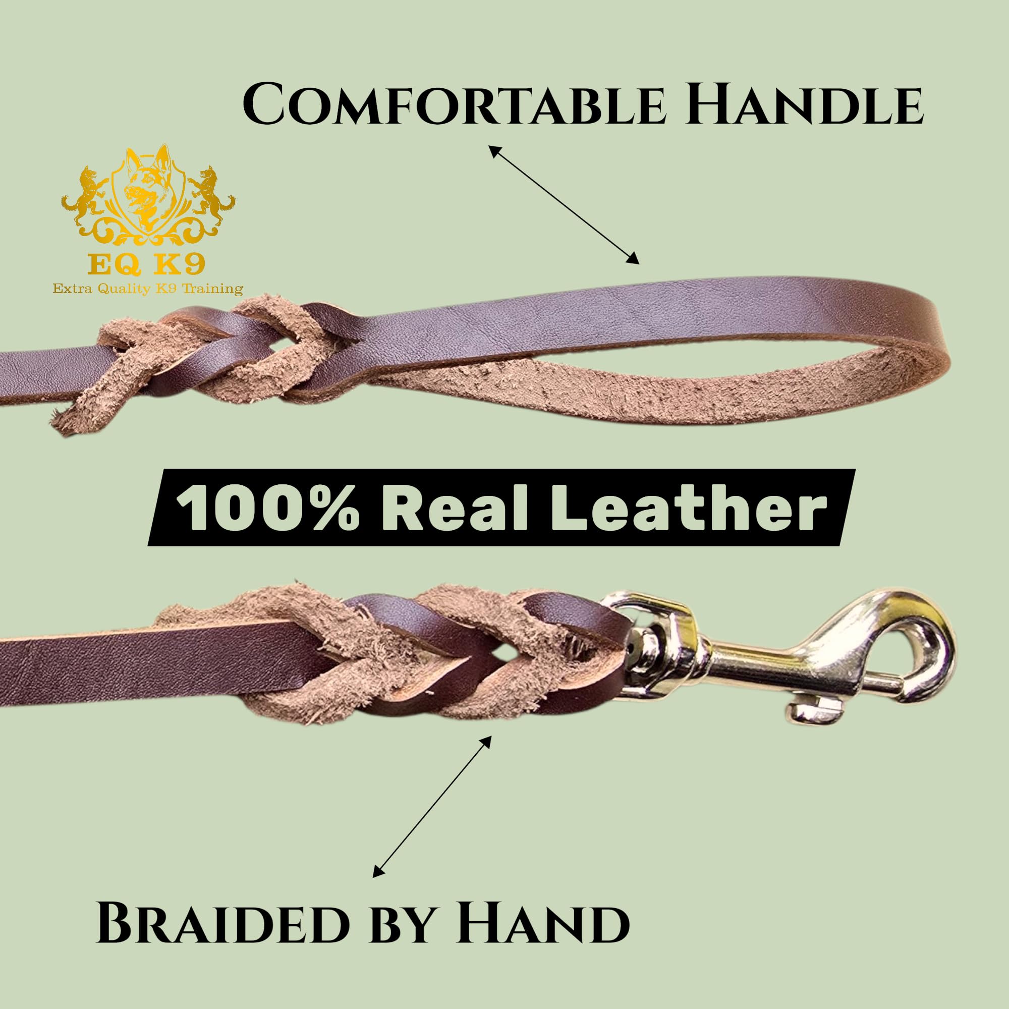 EQ K9 Braided Leather Dog Lead 1.2m, Genuine Buffalo Leather Leash with Strong Clip - Image 2