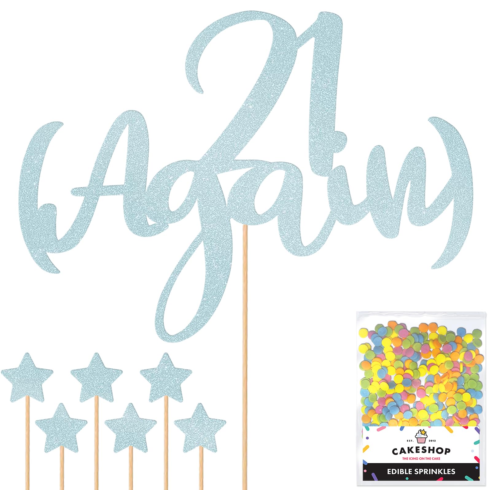 Personalised Funny Old Joke 21 Again Glitter Cake Topper - Light Blue Any Age Glitter Cake Decoration and Sprinkles - Happy Birthday Decorations - Personalised Toppers for Cakes by Cakeshop — image 1