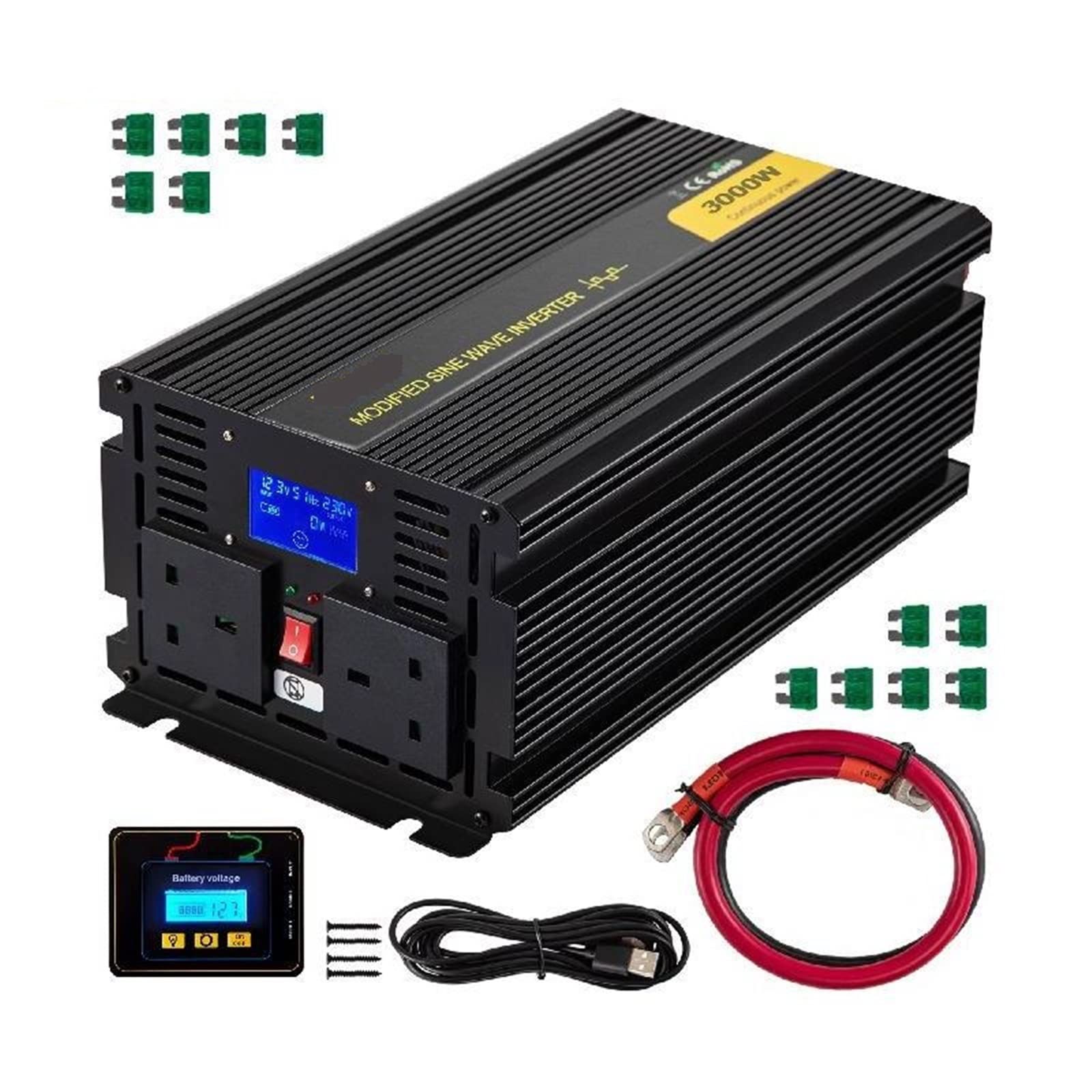 CVFRDD Modified Sine Wave Inverter Aluminum Alloy LCD Screen & LED Indicators For Powering(2000W DC24V AC240V)