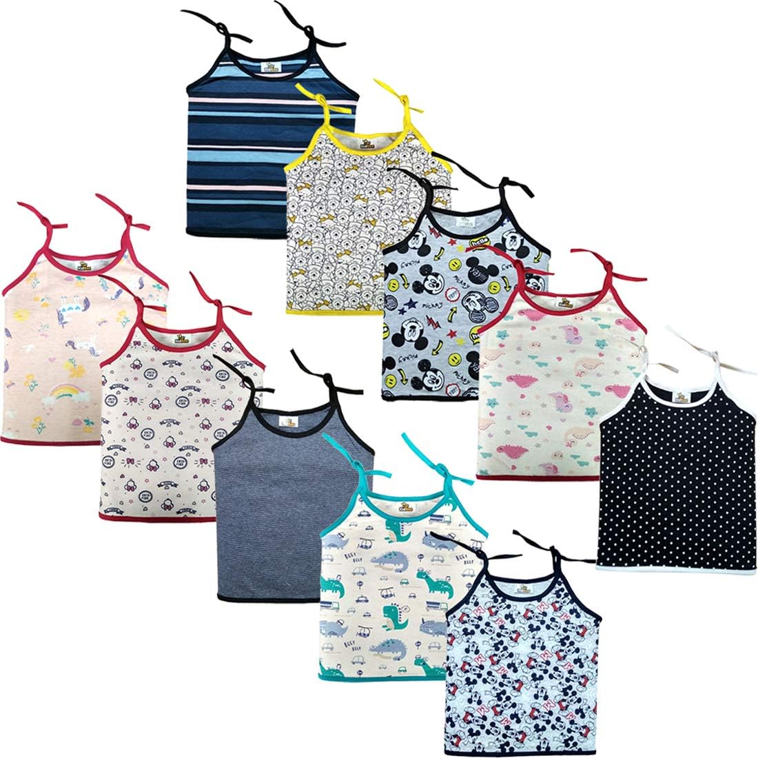 KidbeeBaby Boys & Baby Girls Cotton Sleeves Less Tying Jhabla Top Regular Fit T-Shirt Baby Vest tie up top Multicolor Print (Pack of 10)