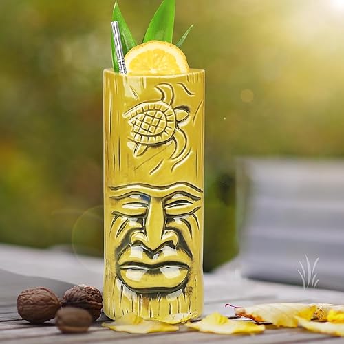 Miniatura 7 de SuproBarware Tiki - Juego de 2 tazas Tiki para cócteles, tazas de cerámica para fiestas Tiki con posavasos para decoración de bar, juego de tazas