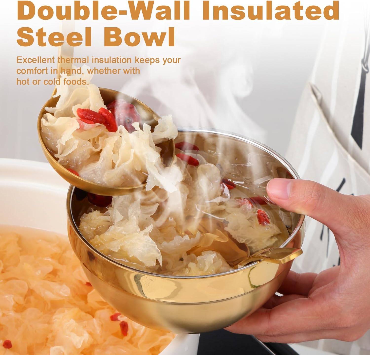 Buyer Star Stainless Steel Bowls 3-Pack, Double Walled Insulated Metal Snack Bowls for Cereal, Soup, Salad, Dishwasher Safe Kitchen & Serving Bowls Set for Adult (Gold, 17 Oz)