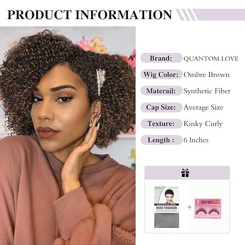 Miniatura 3 de Quantum Love Pelucas Cortas Rizadas Kinky con Raya Lateral Peluca Rizada Afro para Mujeres Negras Ombré Marrón Twist Out Pelucas Sintéticas