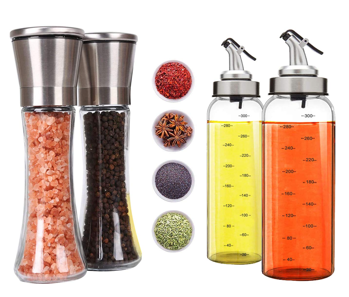 Salt and Pepper Grinder Set-4Packs,2 Grinders Adjustable Coarseness 2 Glass Oil Dispenser Bottle Stainless Steel Lid High Capacity Glass Body, Refillable Shaker Home Kitchen BBQ Black Peppercorn Mill