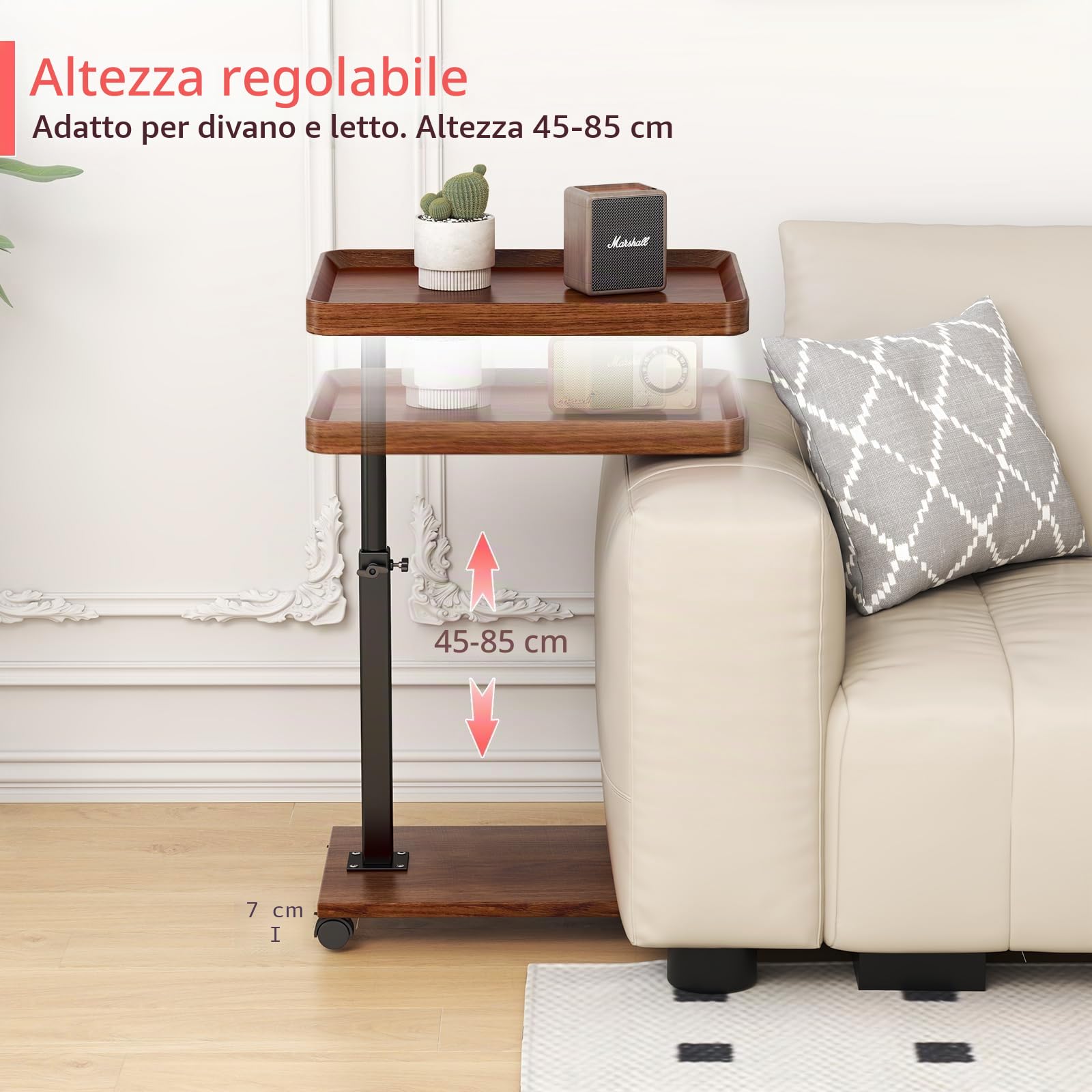 Tavolino laterale regolabile in altezza a forma di C, in legno, girevole a 360°, per divano letto, soggiorno, laptop, caffè su ruote