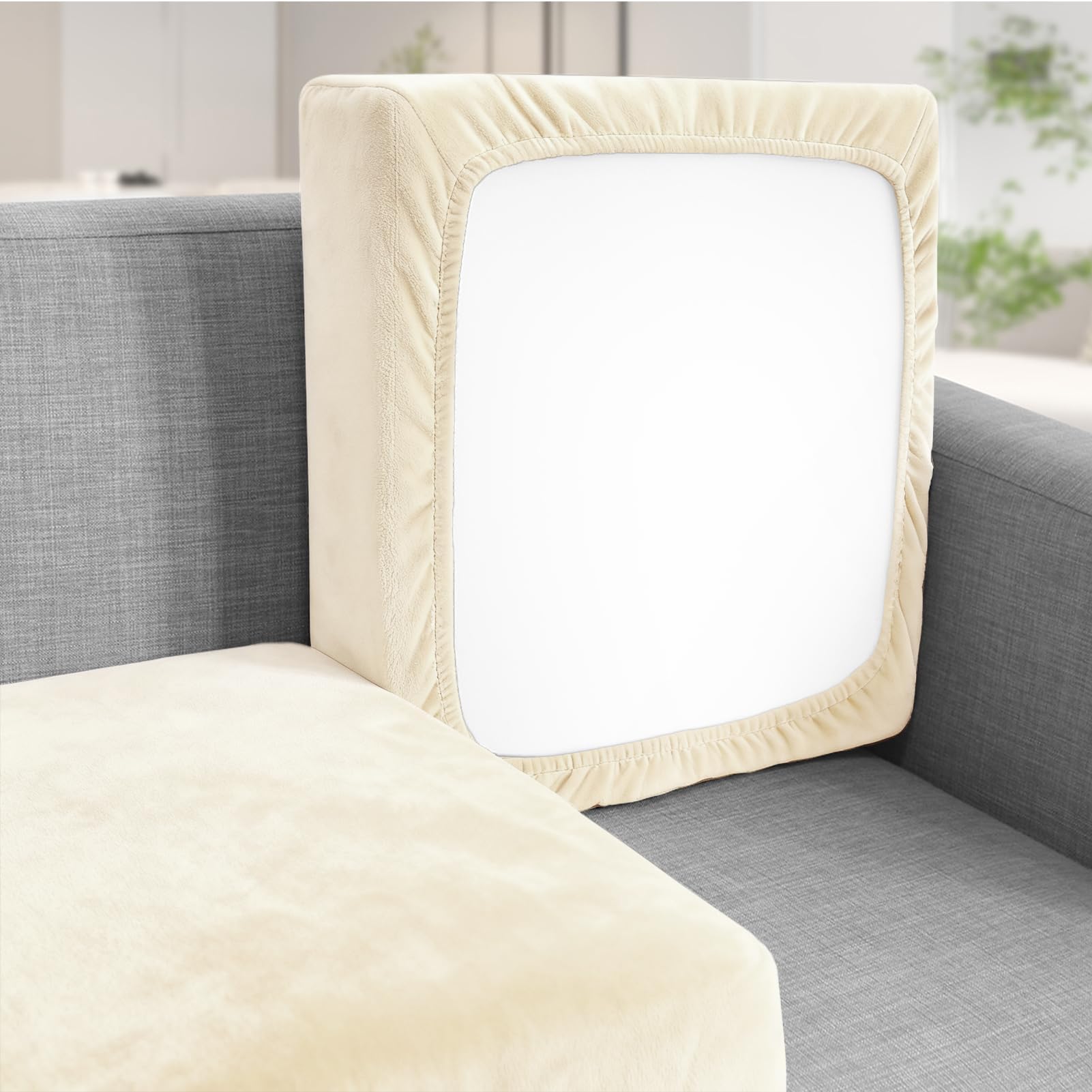 Teynewer Sofa Seat Cushion Cover, Sofa Cushion Slipcovers Stretch Velvet, Universal Non-Slip Couch Cushion Covers Replacement for Individual Cushion with Elastic Bottom (Chaise Cover, Beige)