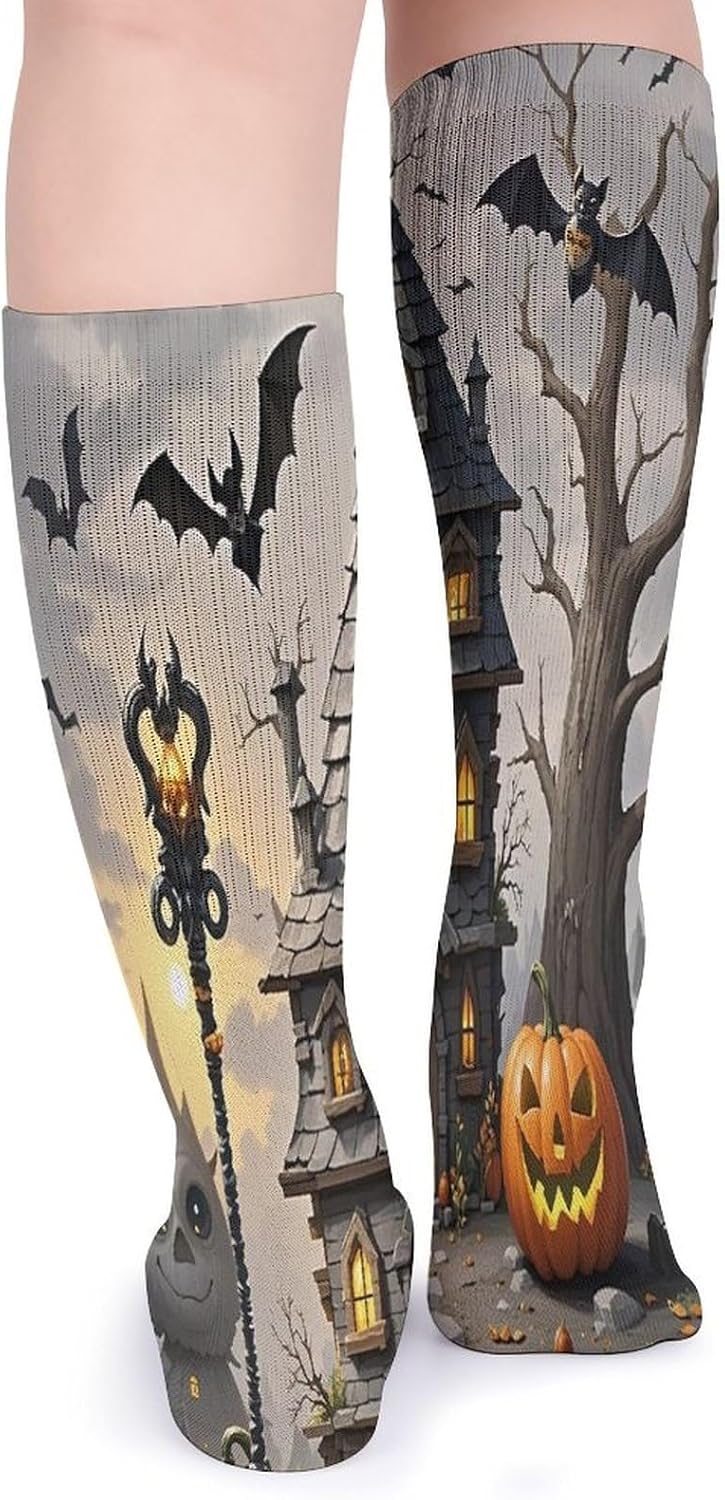 Pumpkin Haunted House Crew Socks Cozy Casual Calf Socks Lightweight Long Work Sock Breathable Athletic Sock for Hiking Sports Running 5 Pairs