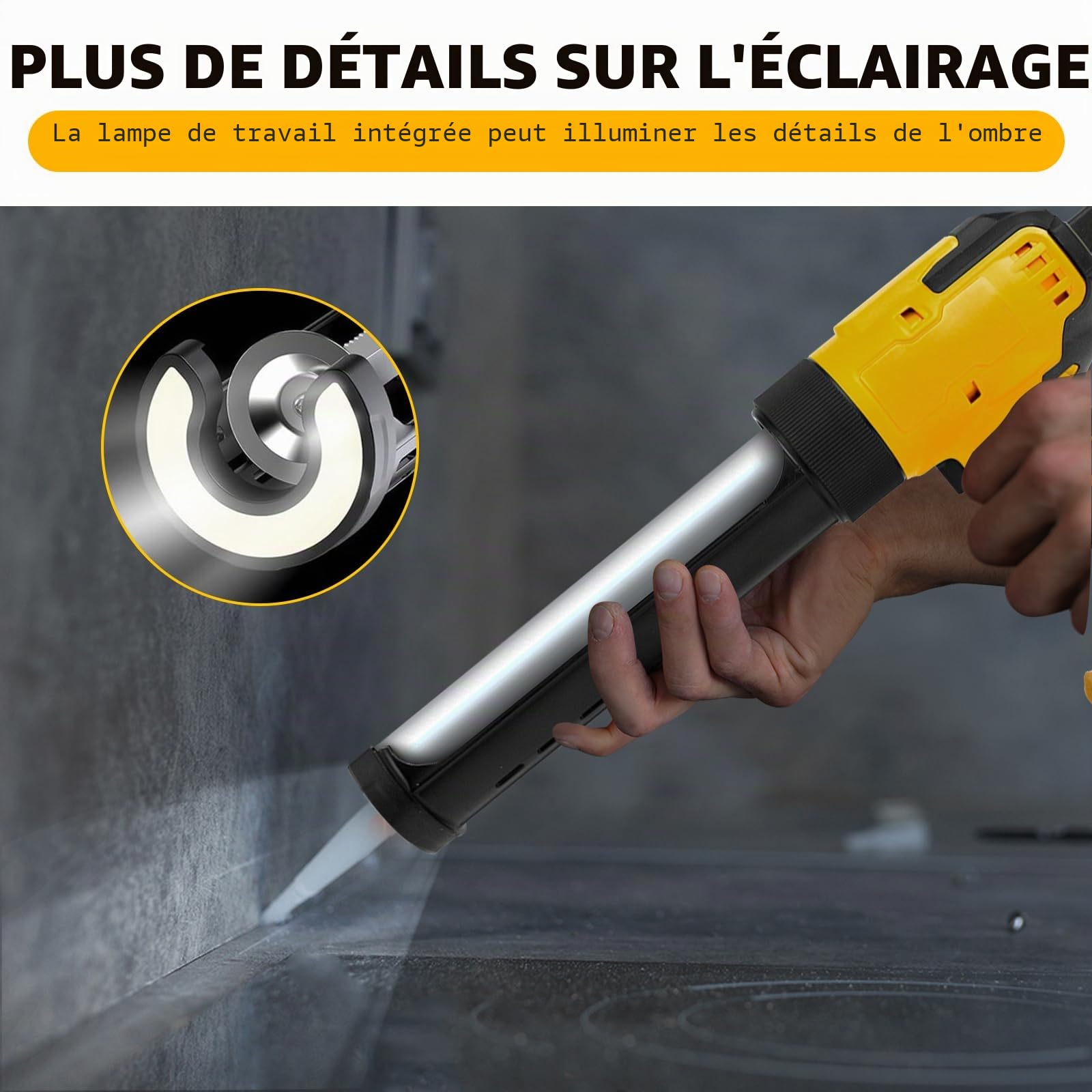 Presse à cartouche sans fil compatible avec batterie Dewalt 20V | Pistolet à cartouche électrique à 6 vitesses, Lumière LED, Seringue silicone, Cartouches 300 ml, 9 accessoires, Sans Batterie