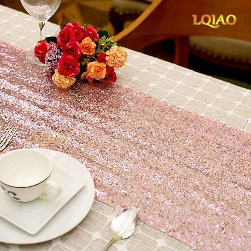 Miniatura 2 de Camino de mesa de lentejuelas color oro rosa, 2 paquetes de 12 x 72 pulgadas, camino de lino brillante para suministros de fiesta de cumpleaños,