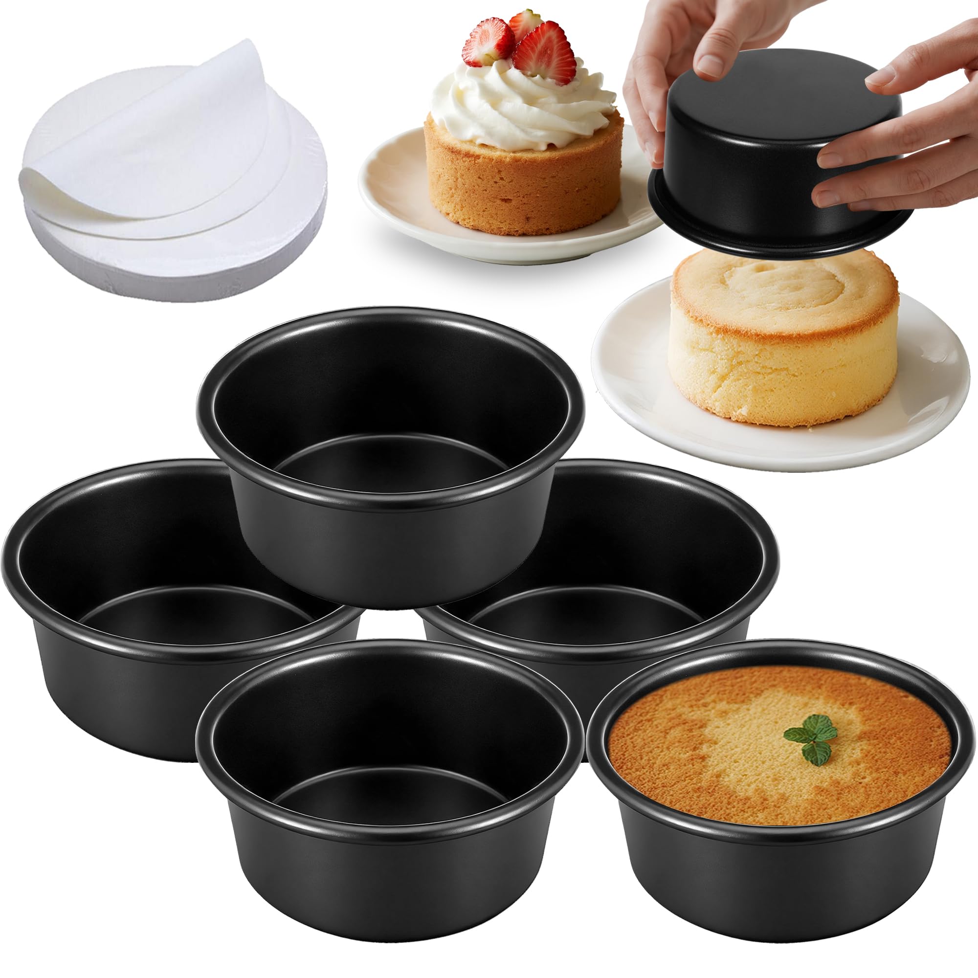 4 Inch Cake Pan Set of 5, Nonstick Cheesecake Round Cake Pans with 100 Pieces Parchment Paper, Mini Cake Tins for Baking, Non-Toxic & Leakproof Circle Cake Pan, Aluminum Material Food Grade Coating