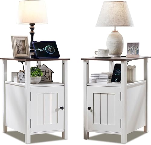 Miniatura 7 de Juego de 2 mesitas de noche de granja, mesita de noche estrecha con estación de carga, juego de 2 mesitas de noche con almacenamiento y estante Gris