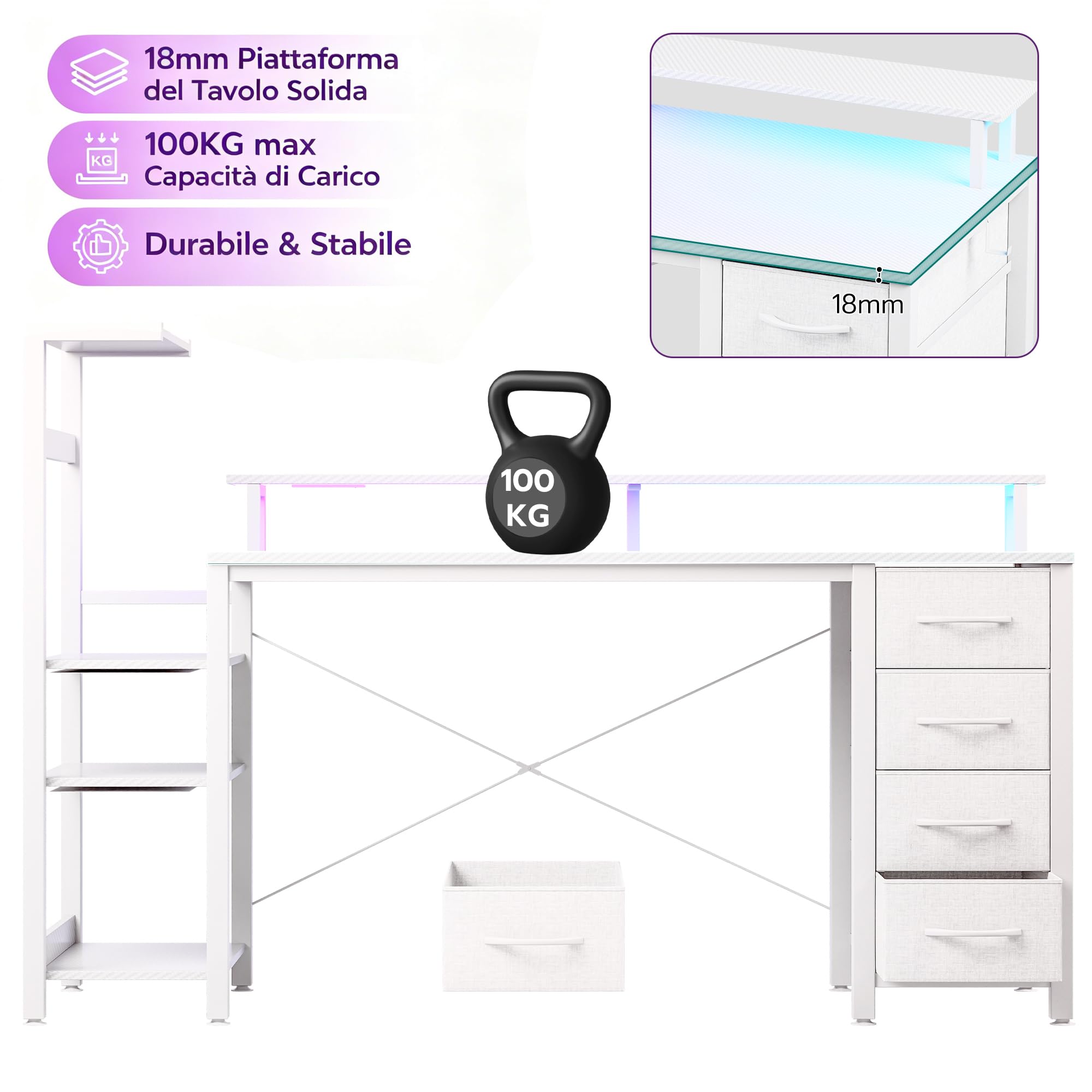 APICIZON Scrivania Gaming 150 cm con Libreria - Scrivania per PC Reversibile con Luci LED RGB, 2 Porte USB, Supporto per Cuffie e Portabicchieri, Effetto Carbonio Bianco
