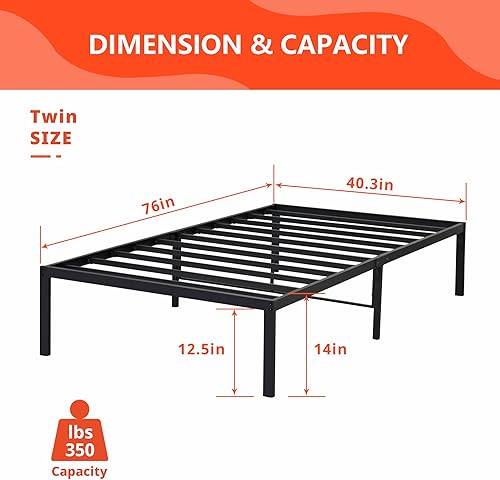 Miniatura 3 de PrimaSleep PT-2000 Marco de Cama de Acero Antideslizante de 35.5 cm de altura, simple y resistente, Acero, Negro