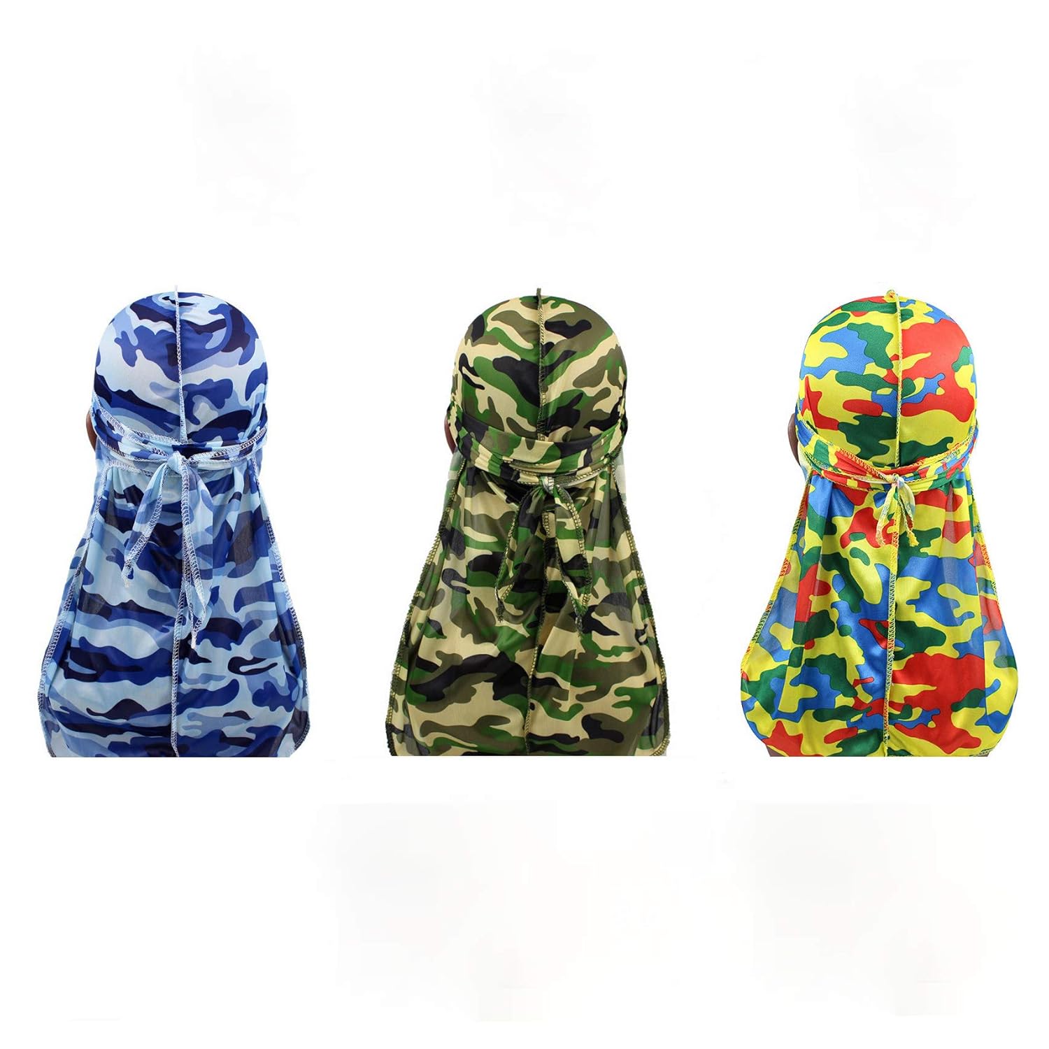 Deepth 3PCS Men Camo Silky Durags Pack Satin Doo Rag