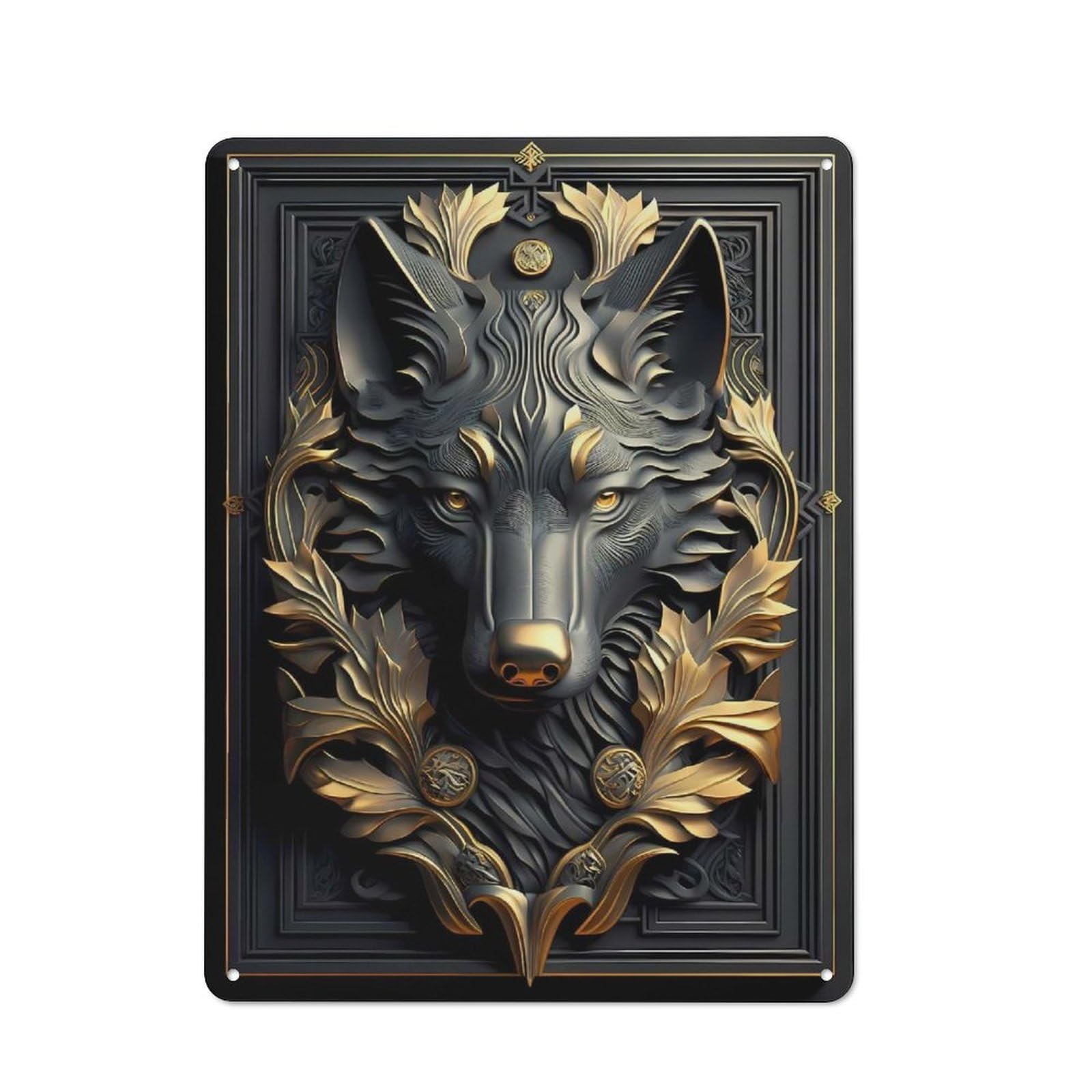 Junmoney Style-4 Metal Plaque With Noble Golden Wolf Art Deco Design 40X30cm, Country Style Cafe Wall Decor For Bakery, Diner, Cafe Or Family Room