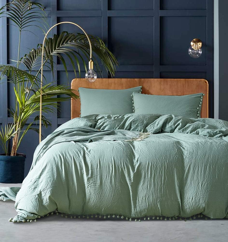Luofanfei Pompoms Design Duvet Cover King Size Plain Green Bedding Set Microfiber Teal Bed Cover Set with Cute Balls with Zipper Closure Ties