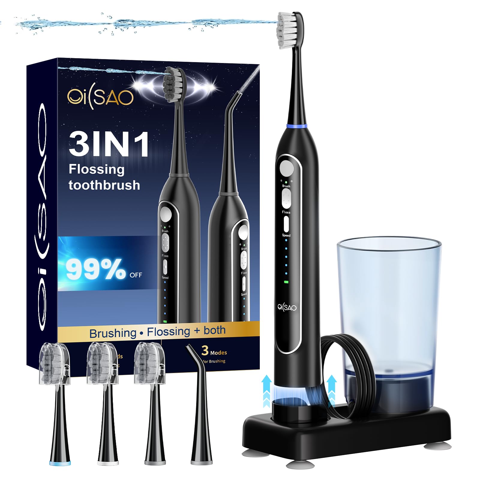 Electric Toothbrush with Water Flosser Combined, 3 in 1 Electric Toothbrush for Travel and Home, Easy Clean Cup, 5 Speeds and 3 Modes for Braces, IPX7-image-7