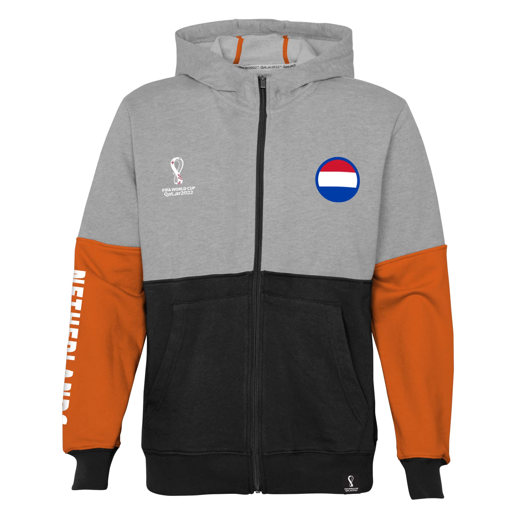 Photo 1 of Outerstuff Unisex Kids' FIFA World Cup Country Contrast Panel Fleece Hoodie Netherlands World Cup Soccer Team Medium Black-orange-heather Grey