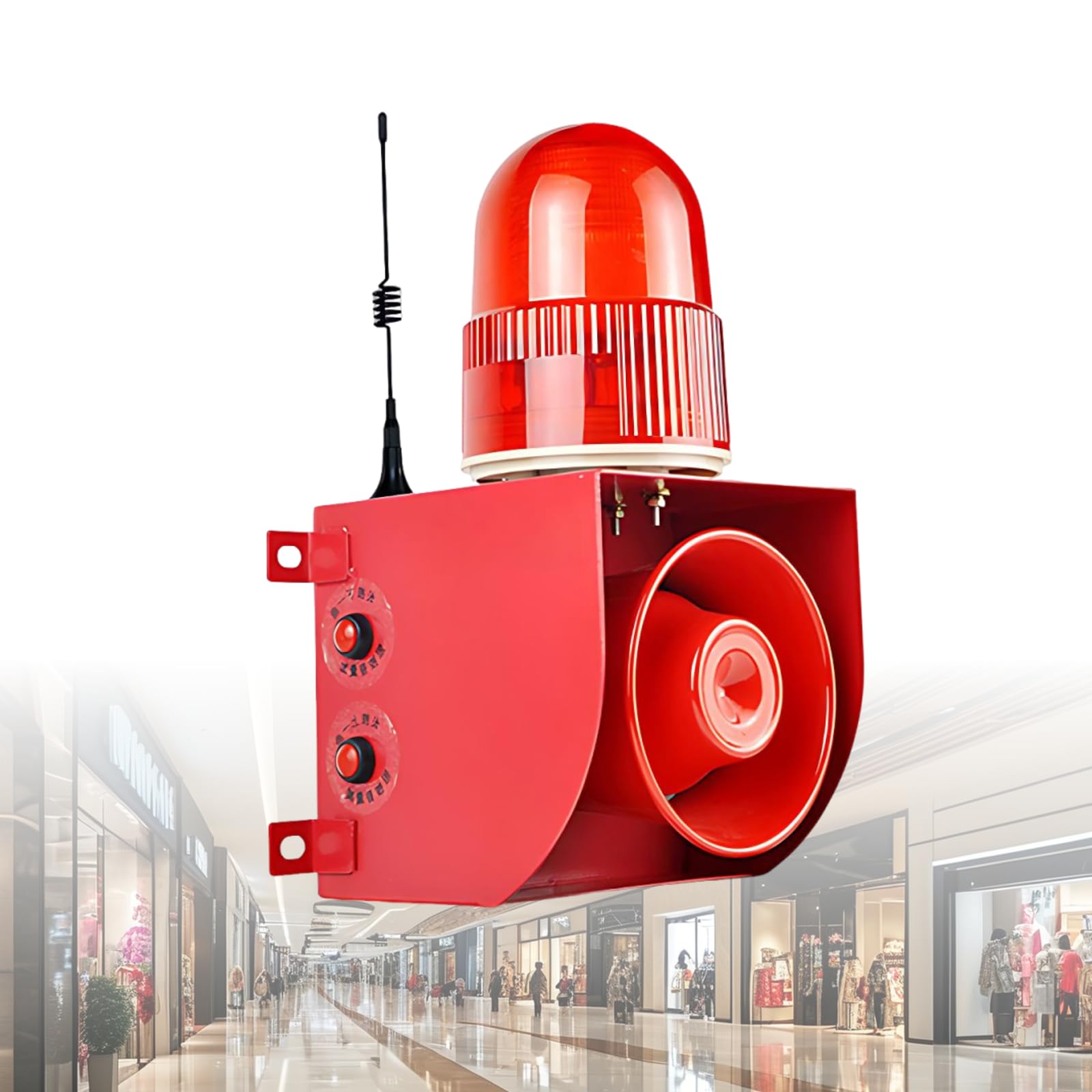 Außensirene Mit LED-Blitz, 500m Fernbedienung 120dB Akustisch-Optisch Machine | IP65 Wasserdicht, LED-Diffusor, Mehrere Alarmtöne, USB Sprachwechsel, Wandmontage, -40°C~70°C, Für Baustellen & Labore