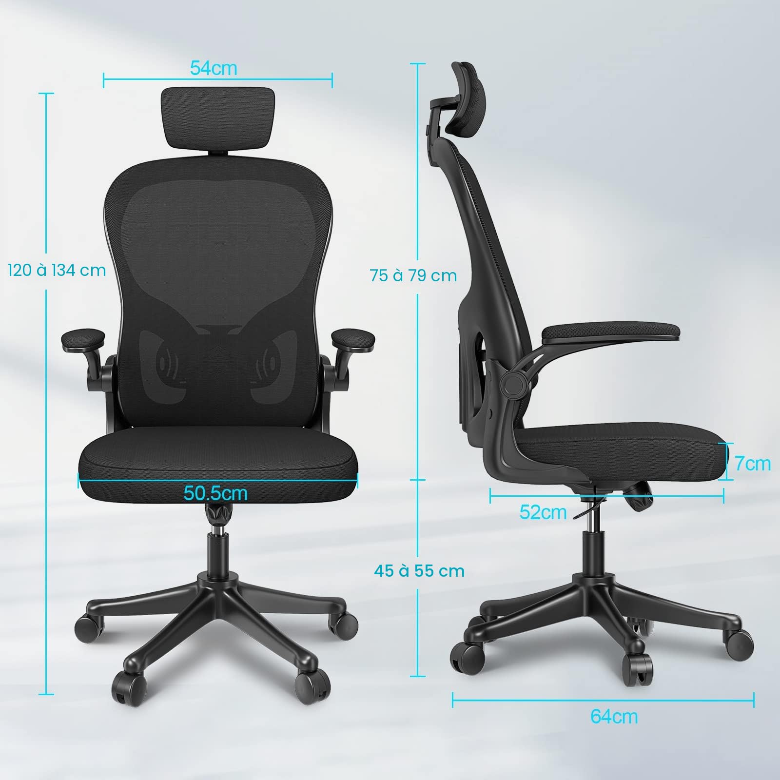 naspaluro Chaise Bureau avec Accoudoir Réglable, Fauteuil Ergonomique en Maille Respirante avec Soutien Lombaire, Dossier Inclinable et Hauteur Réglable, Noir