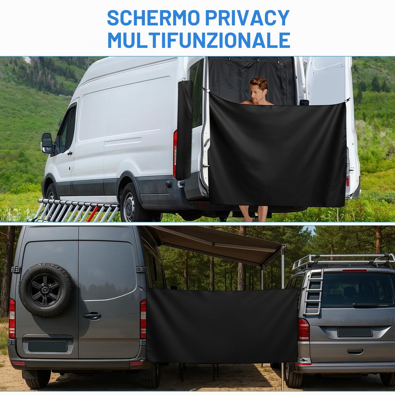 Regolabile Porta Posteriore Doccia, Tenda Cambiante con Ganci Magnetici e Pannelli Privacy Laterali per Van Camper VW T5 T6 Mercedes-Benz Sprinter Ford Transit F-iat Ducato Viaggiatore