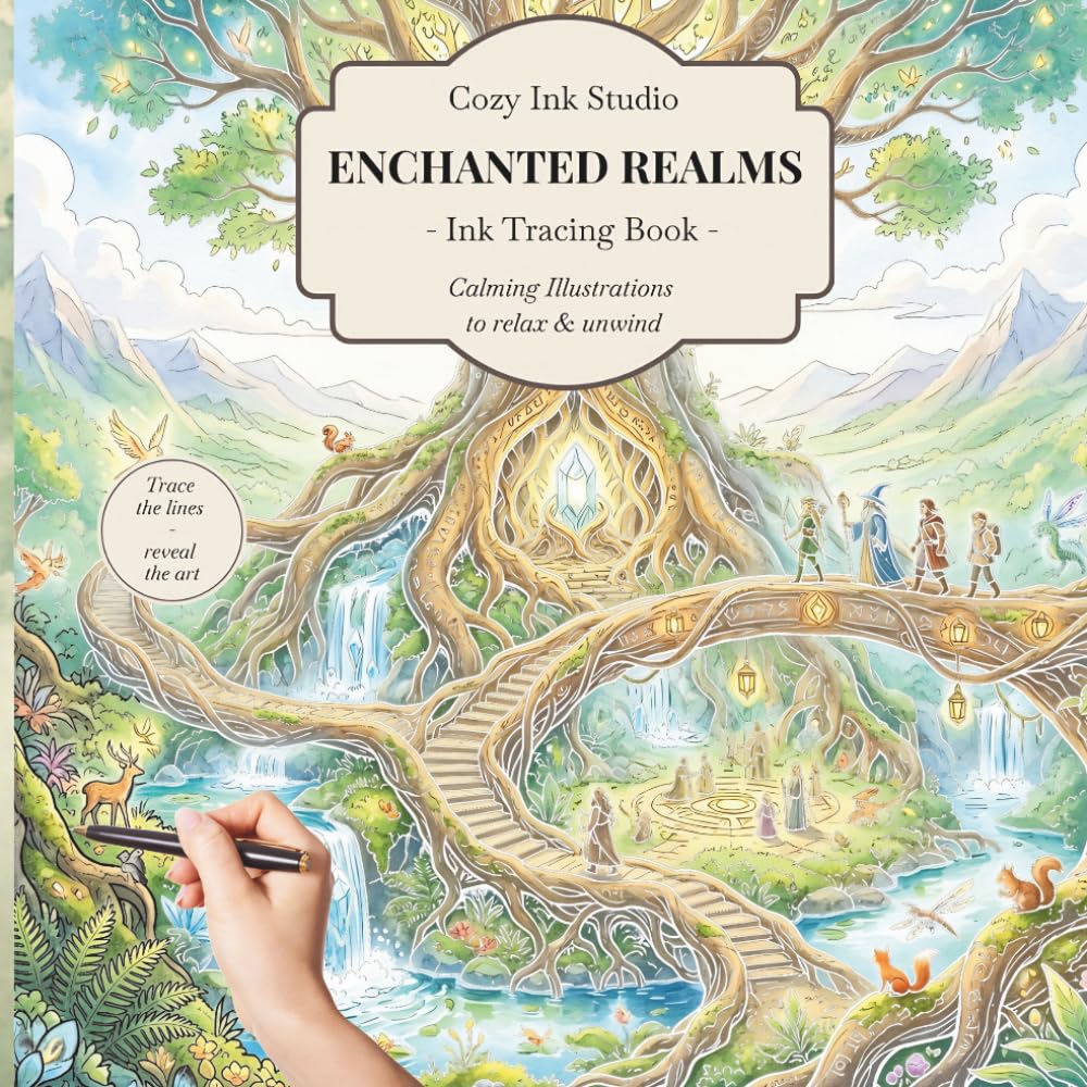 Enchanted Realms: A Cozy Fantasy Ink Tracing Book with Magical Worlds, Hidden Forests, Mythical Creatures and Relaxing Fantasy Scenes