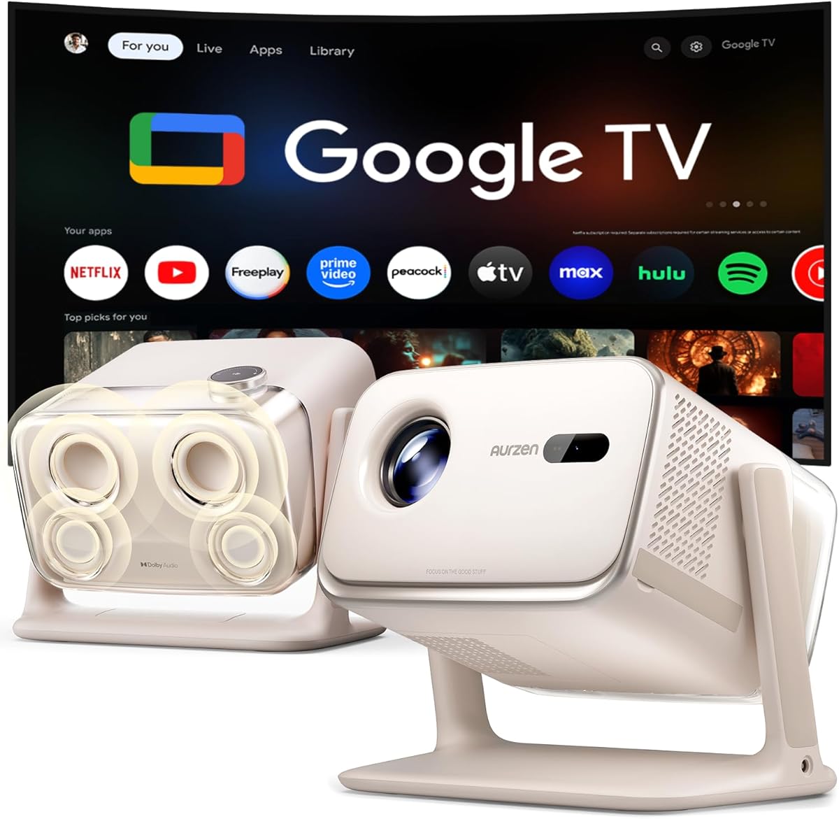 Aurzen Boom mini Google TV 4K Supported Smart Projector with WiFi and Bluetooth, Outdoor & Home Movie Projector with 20W Speakers DoIby Audio, Real-Time Focus & Keystone, 500 ANSI Lumens, Off-White