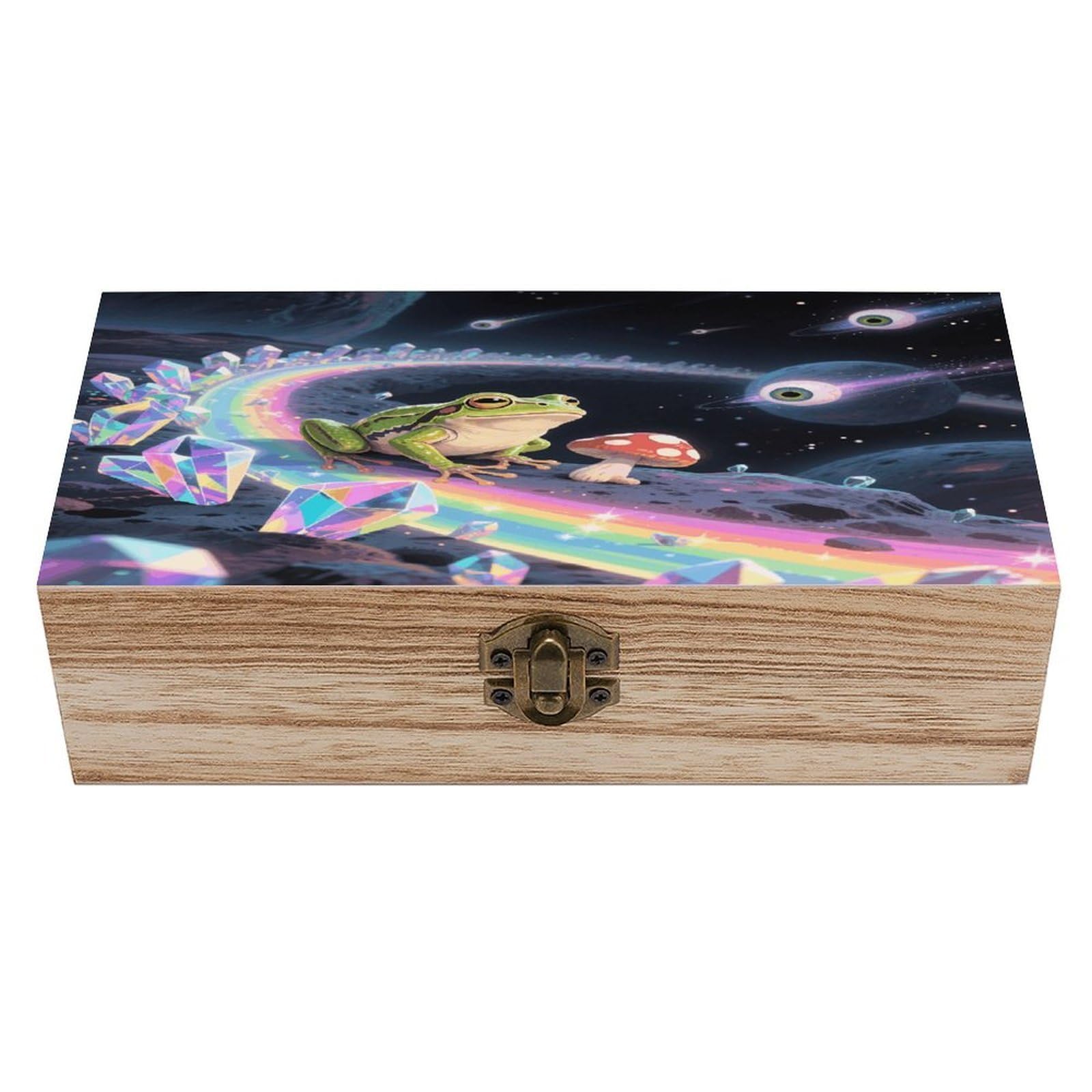 VstaDank Funny Space Frog Mushroom Wooden Storage Box Vintage Style Wooden Storage Case with A Hinged Lid Memory Treasure Boxes Decorative Jewelny Photos for Organizer 7.9 * 3.7 * 2.3 Inch