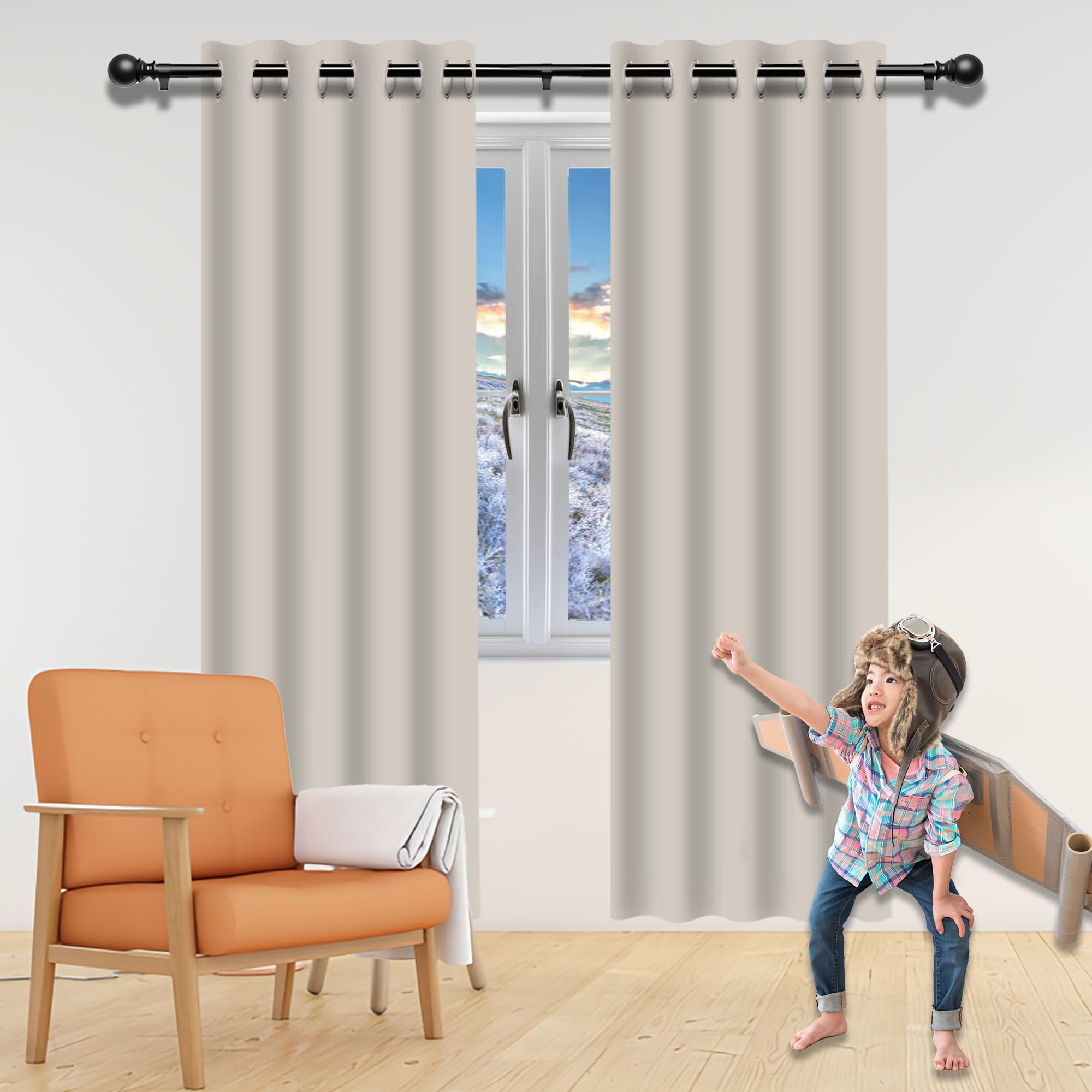 Rideau occultant 166 x 155 cm beige à oeillets en polyester