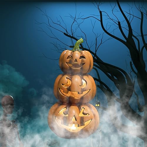 Miniatura 8 de Jusdreen Calabaza Jack-O-Lantern de Halloween con luz, apilada para porche delantero, centros de mesa, espeluznante 3 niveles de 9.5 pulgadas