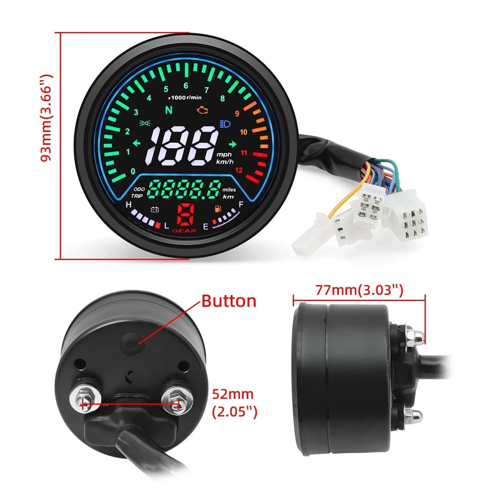 Moto Odómetro tacómetro Velocímetro Digital para Motocicleta De 12 V, Tablero Instrumentos, Odómetro 000 RPM, Tacómetro, Medidor Voltaje, Accesorios para
