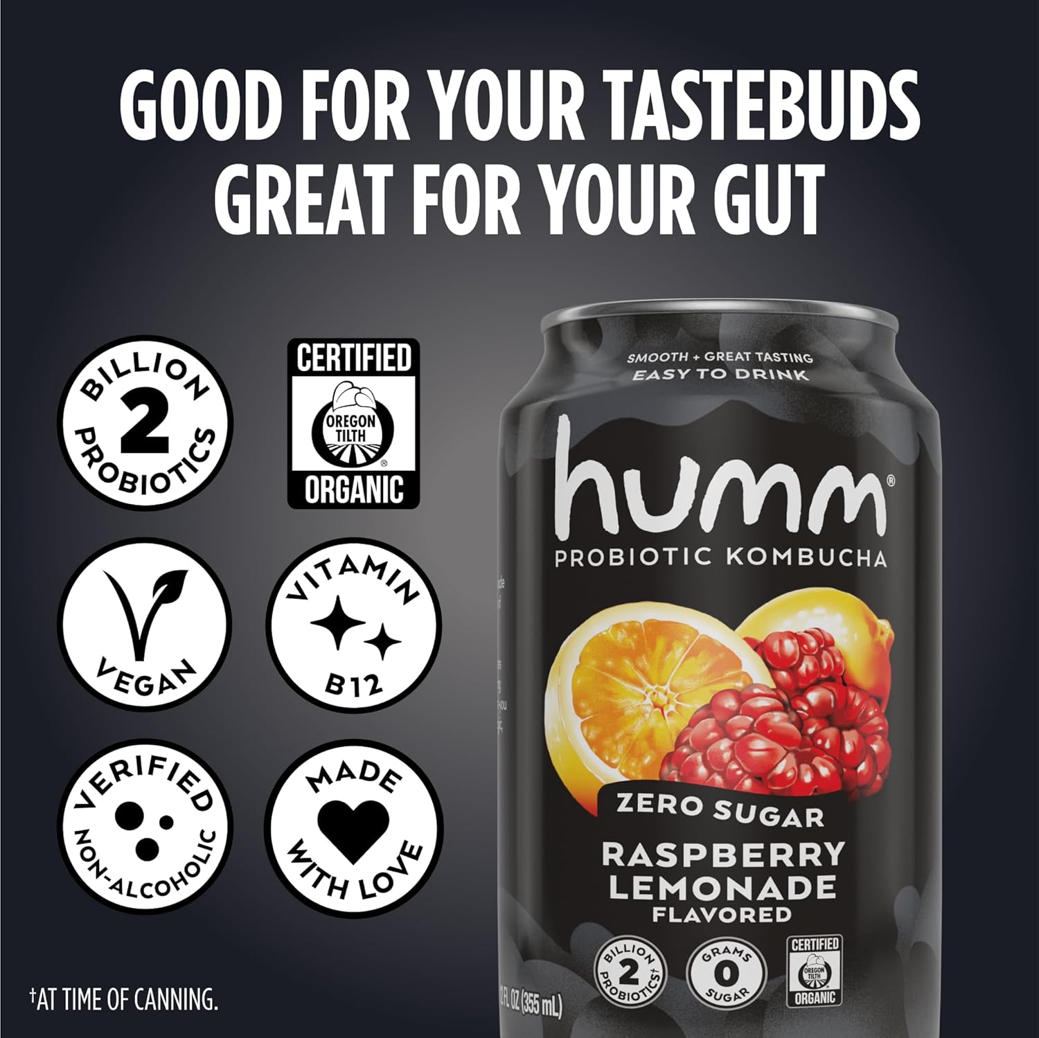 Humm Probiotic Kombucha Zero Sugar Raspberry Lemonade, No Refrigeration Needed, Keto Friendly, Organic, Vegan, Gluten Free, 12oz Cans (8 Pack)
