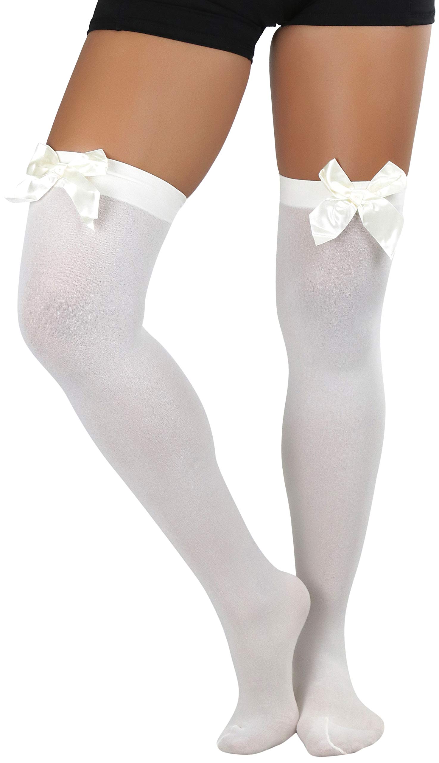 ToBeInStyle Women’s Opaque Long Thigh High Stockings w/Decorative Front Satin Bow