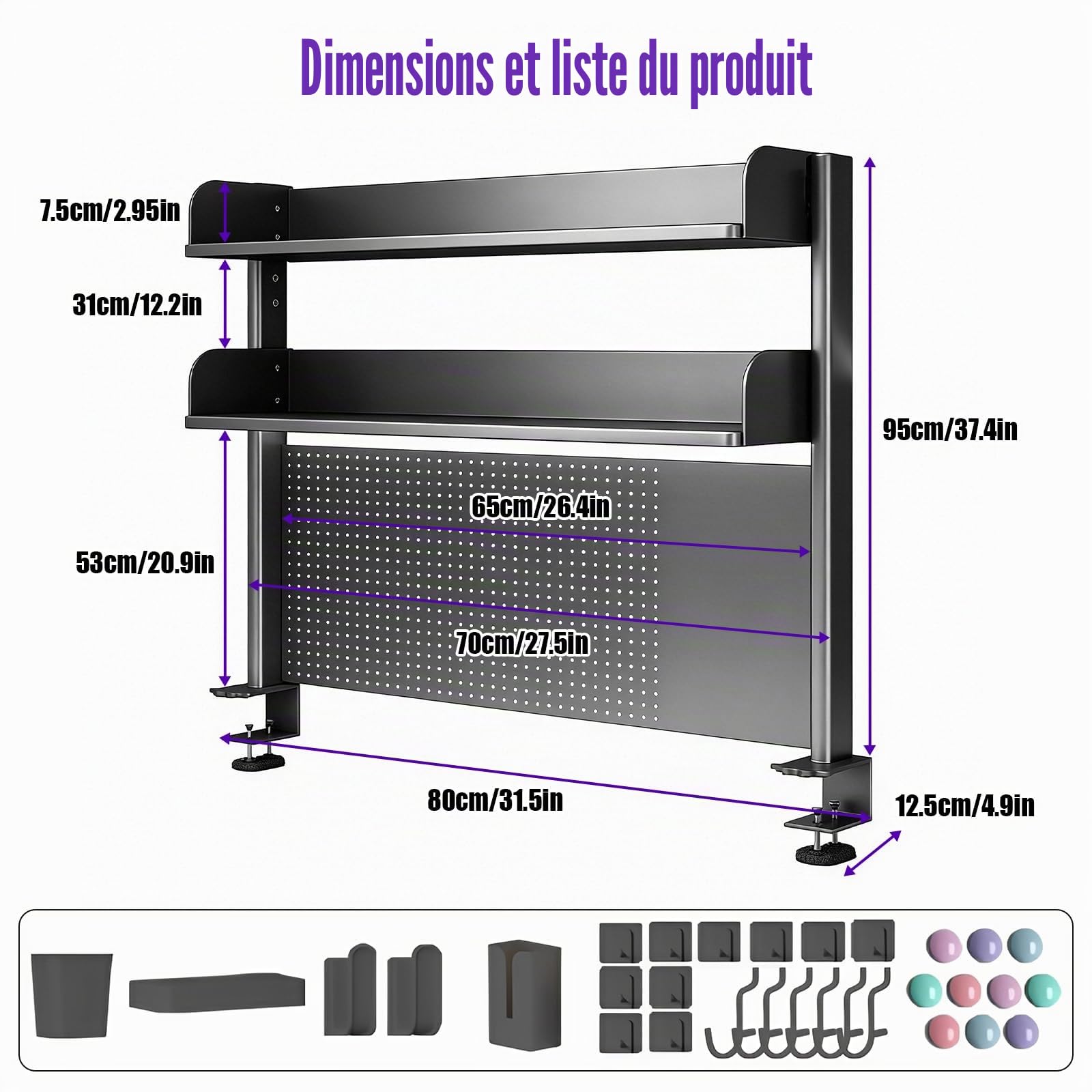 Étagère de bureau à deux niveaux avec panneau perforé, 80 cm