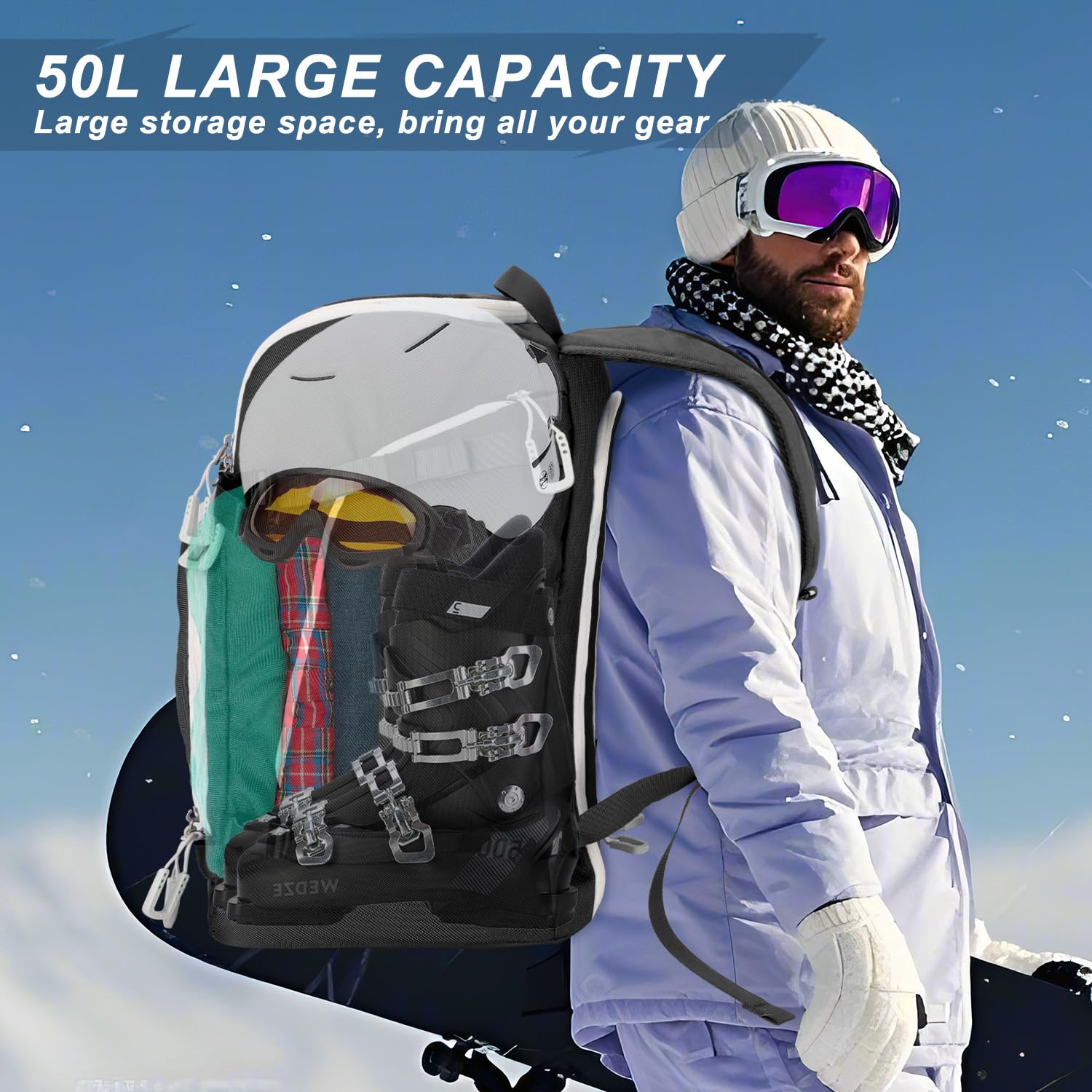 Coolfel Borsa per Scarponi da Sci con Scomparto per Casco, 50L Zaino da Sci Snowboard Pattini a Rotelle, Borsa da Sci Impermeabile per Casco, Giacca, Occhiali, Guanti