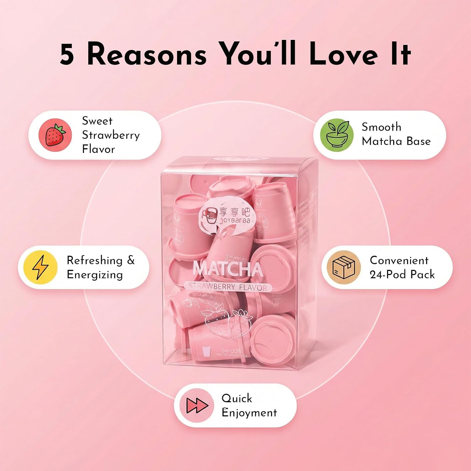 JOYBARBA Strawberry Matcha Tea, 24 Single Serve Pods - Instant Strawberry Matcha Powder, Easy-Tear Sachet, 4 Flavor Options, Smooth & Energizing, Perfect for Matcha Lattes, Culinary Use, Collagen