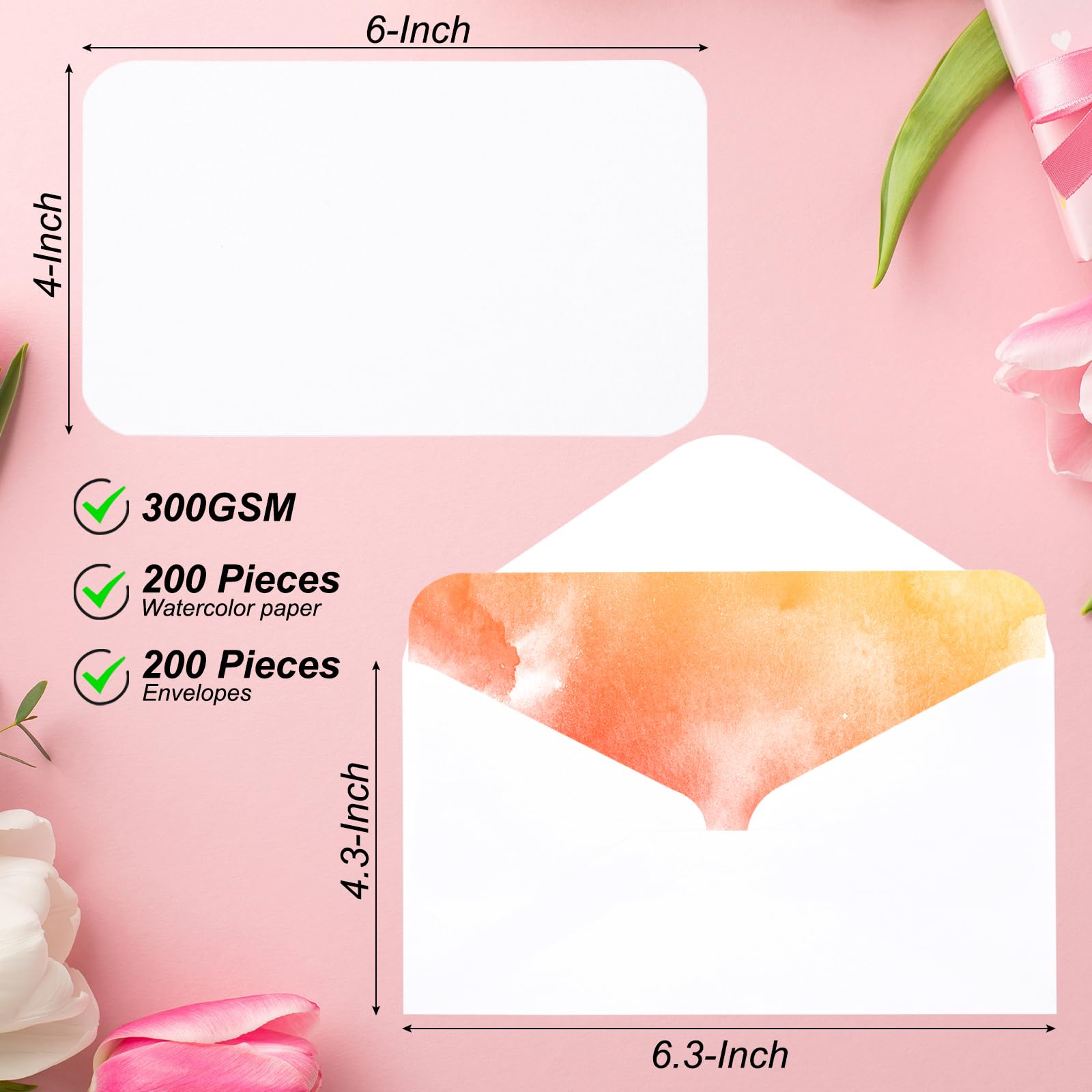 PATIKIL 200 Sets Aquarellpapier Reine Baumwolle 140lb/300 g/m² Aquarellpapier Postkarten Blanko mit abgerundeten Ecken und Umschlägen für Kunstmalerei Kreative Dankesnotizen, 101x152 mm