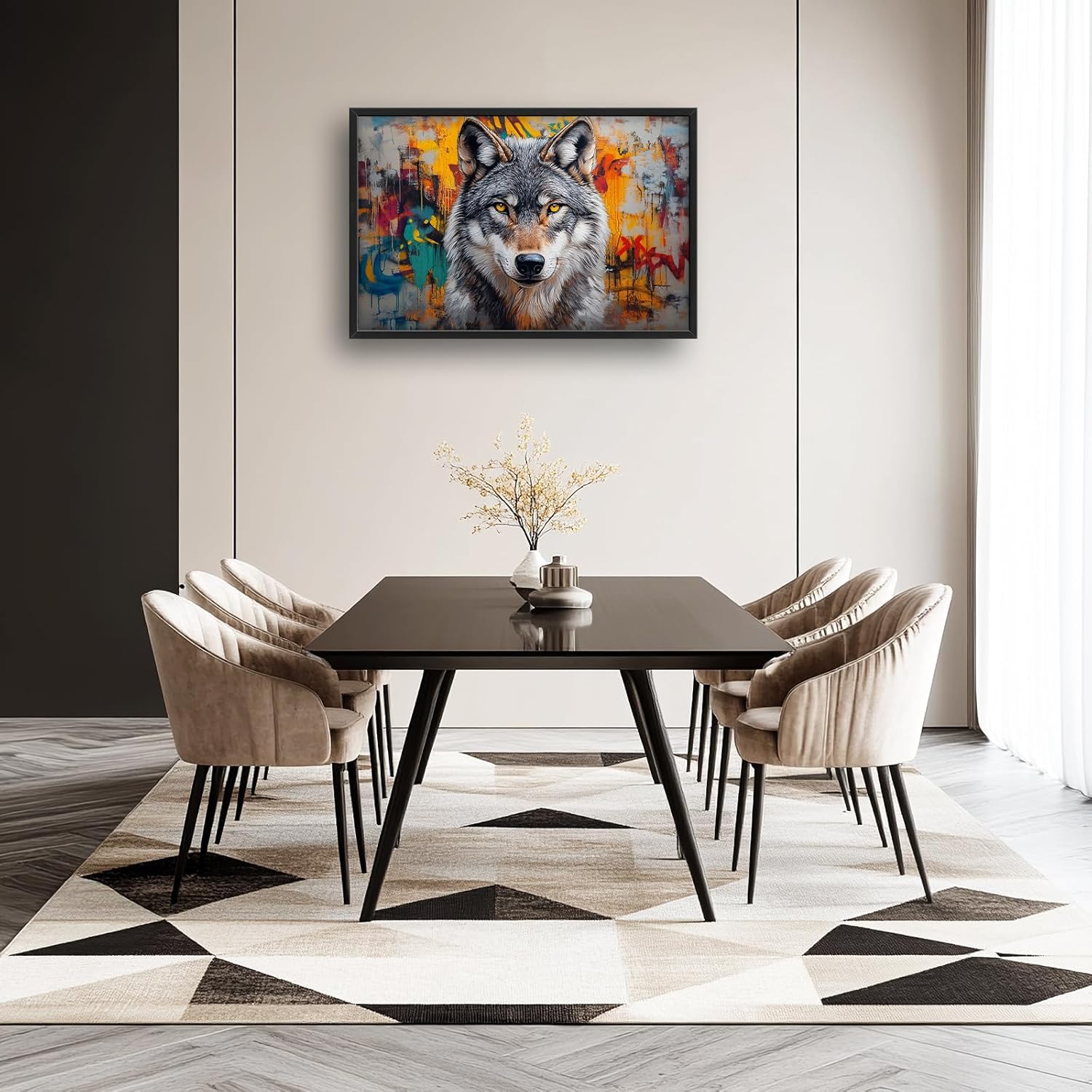 Large Banksy Wolf Wall Art for Living Room, Graffiti Wildlife Canvas Oversized Wall Decor Wild Animal Framed Pictures Painting Print Artwork for Bedroom Office 36" L x 24" W
