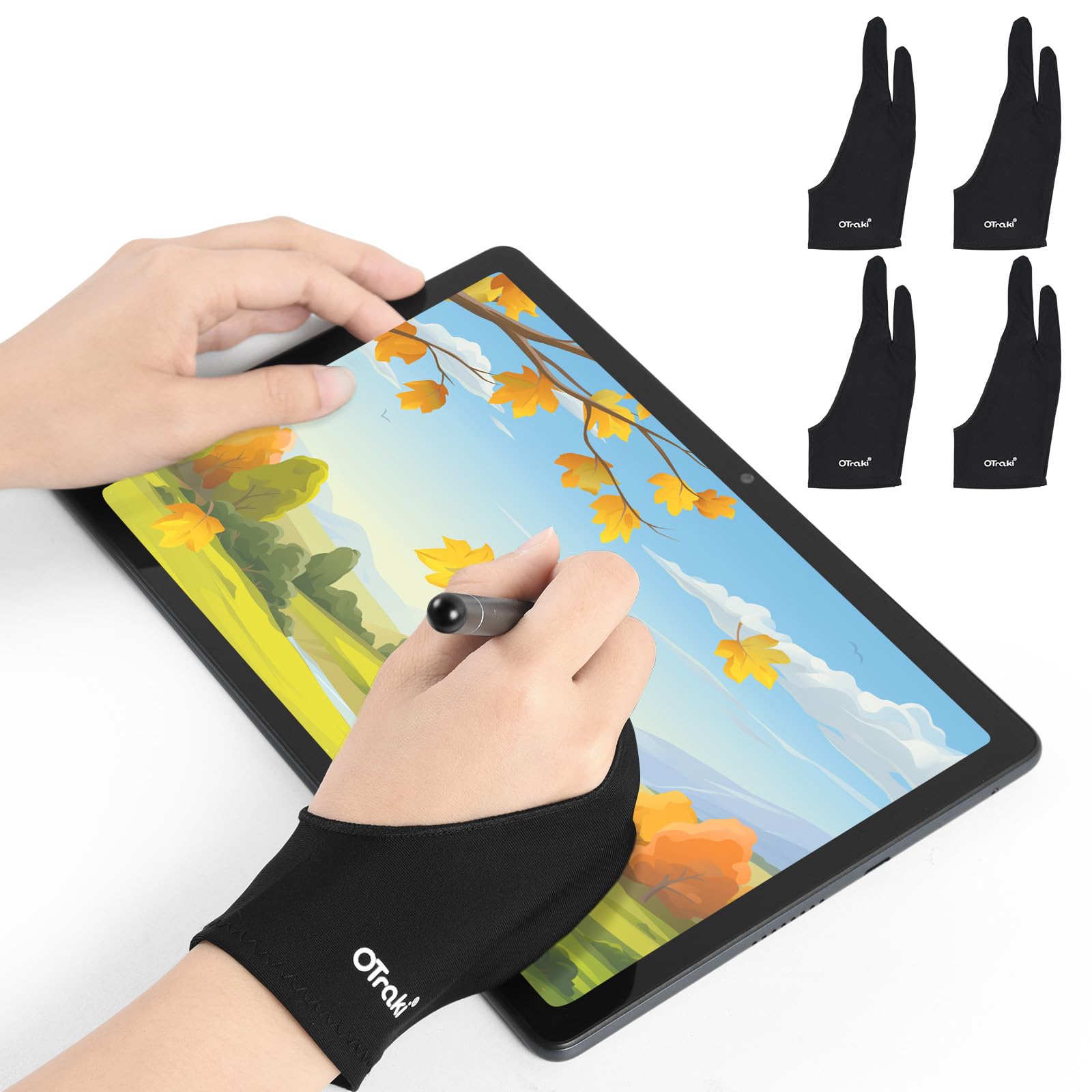 OTraki 4 PCS Guanto Tavoletta Grafica Nero 7.7X20.5cm Guanto per Disegnare Antivegetativa,Guanti Artista Due Dita Mano Destra e Mano Sinistra Accessori per Disegno Digitale Tablet da Disegno Grafico