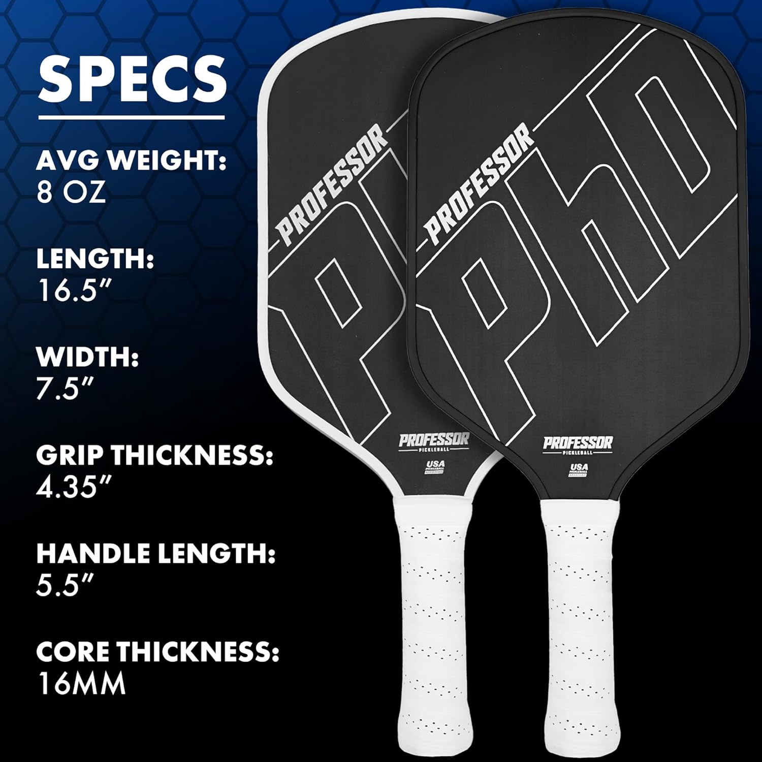 Professor PhD Raw Carbon Fiber Premium Pickleball Paddle Racket Bundle - USA Pickleball Approved - Honeycomb Core - Power & Control- White and Black Edge
