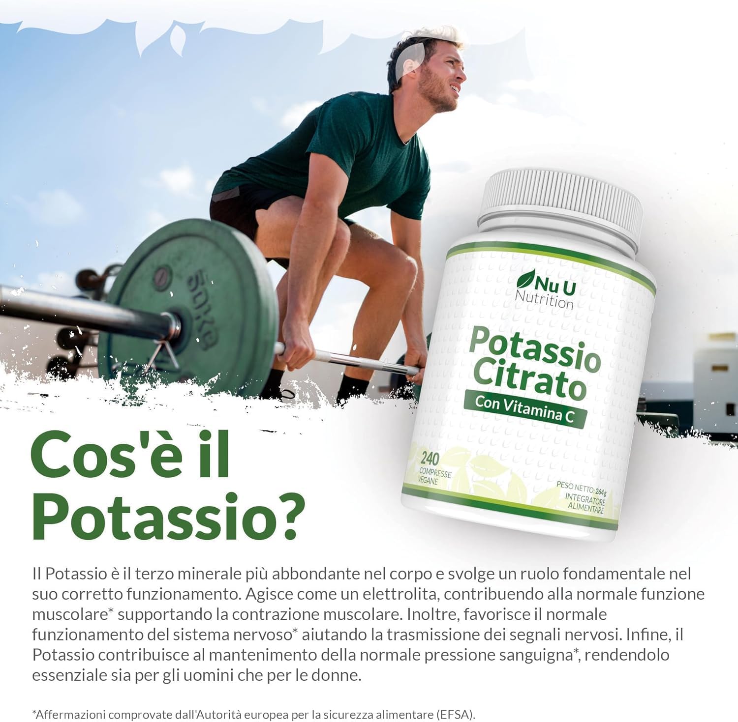 Potassio 1550 mg & Vitamina C - 240 Compresse Vegane - 4 Mesi di Scorta - Citrato di Potassio ad Alta Potenza - Prodotto in Europa - Nu U Nutrition