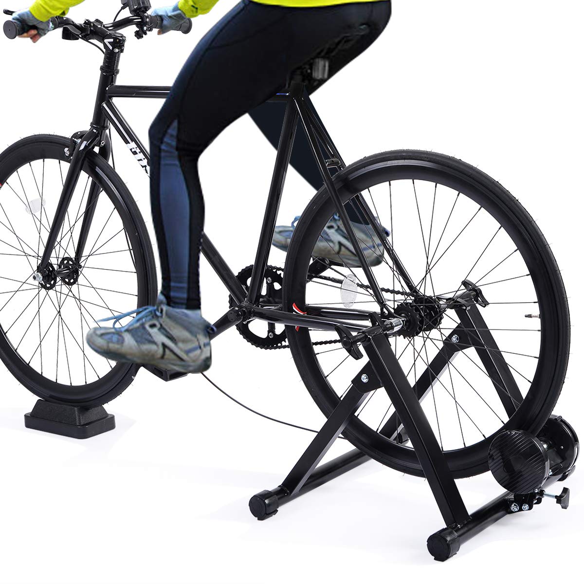 COSTWAY Home Trainer Vélo Magnétique pour Roue 26-28’’ 700 C Entraîneur Turbo de Vélo Pliable Noir en Acier Charger Max 150KG