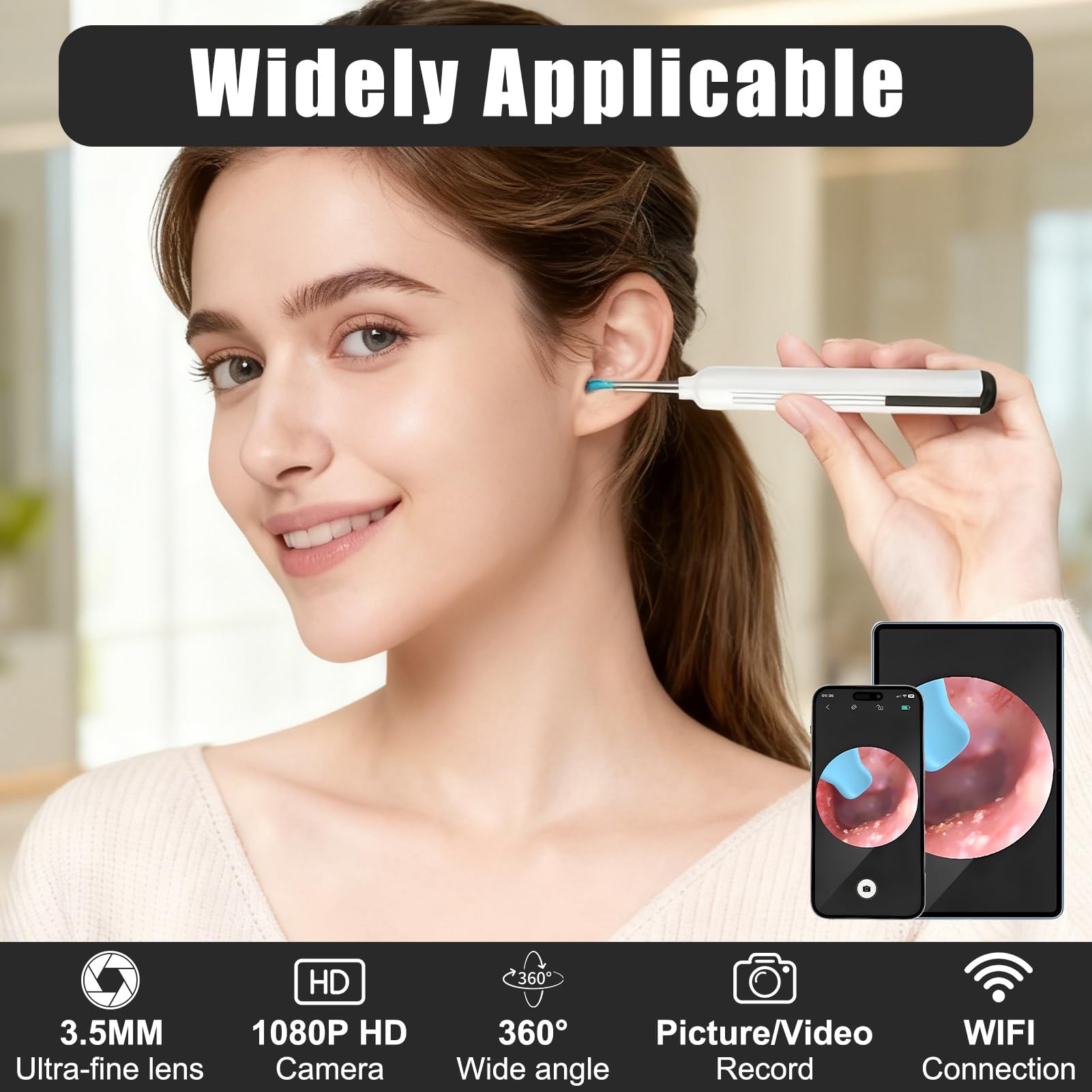 Otoskop Ohrreiniger Kamera 1080P, Weißer WLAN Ohrenreiniger mit LED Licht, IP67 Ohrkamera mit 6 Silikon Ohrlöffeln, USB-C Wiederaufladbar, Ohrenschmalz Entferner Set für Erwachsene, Android iOS