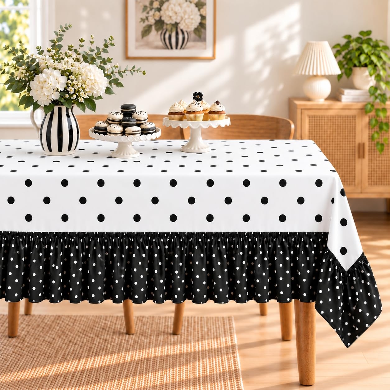 Photo 1 of FYSUIMU Black White Polka Dot Tablecloth 9 x 4.5 Ft (108 x 54 Inch)